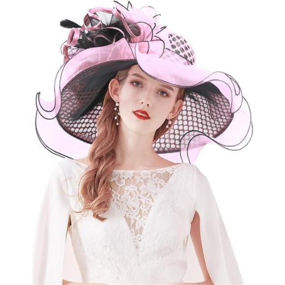 Women Hat Wide Brim Tea Party Fascinator Pink3